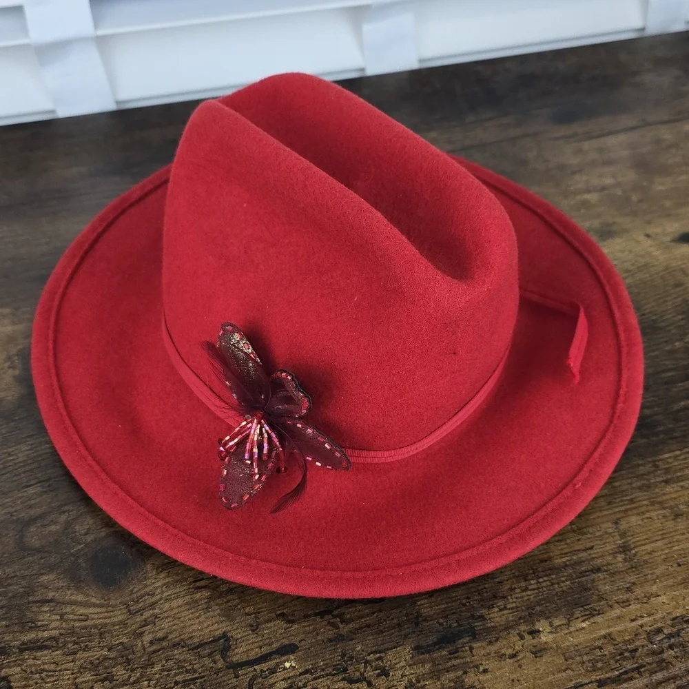 Vintage LHC Brands Red Wool Fedora Hat Medium‎ USA Made w/ Butterfly Accent